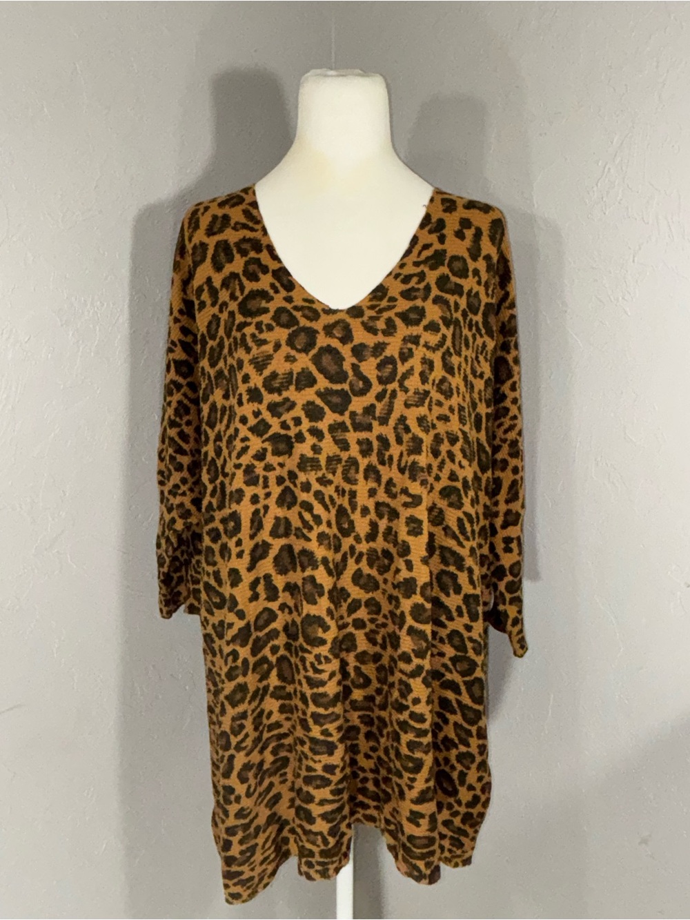 Time and Tru Leopard Print V-Neck Tunic Sweater - Brown and Black